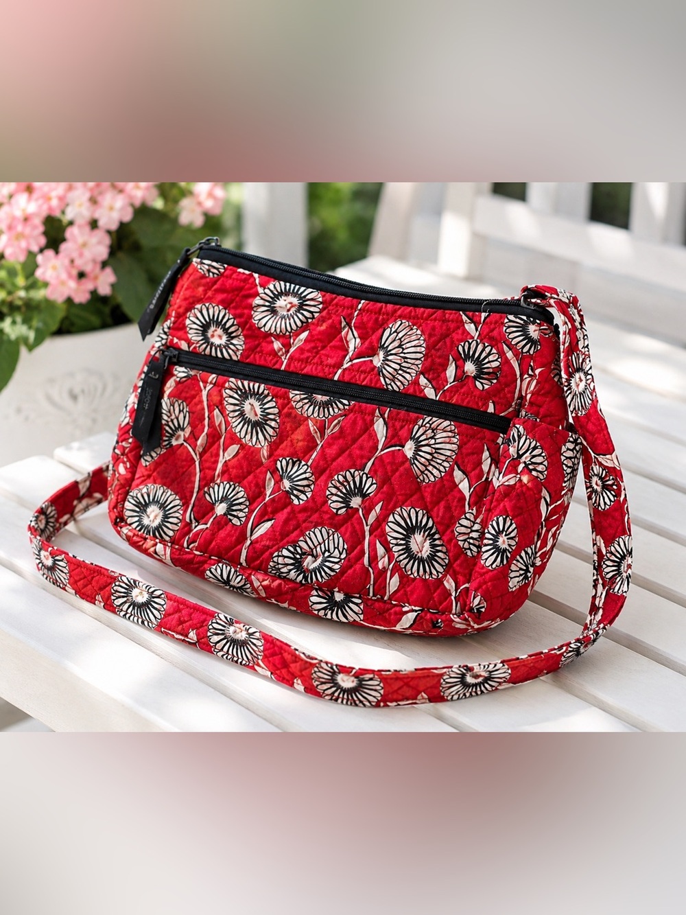 Vera Bradley Red Floral Quilted Crossbody Shoulder Bag Zip Pockets